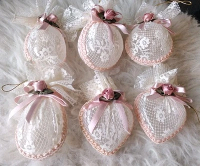 Vintage Lace & Glass Ornaments Set Of 6 Pink Roses Holiday / Everyday  - Image 1 of 4