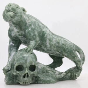 green white stripe jade , carved Leopard skull,realistic,crystal healing K663 - Picture 1 of 7