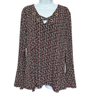 Maglia Michael Kors manica a campana donna taglia XL nero rosso floreale pullover spigoloso - Foto 1 di 14