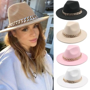 Women's Ladies Wide Brim Fedora Hats with Gold Chain Felt Panama Hat Jazz Caps - Picture 1 of 18