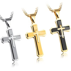 Collar colgante cruzado de tres capas de acero inoxidable para hombre mujer dorado plateado negro - Imagen 1 de 13