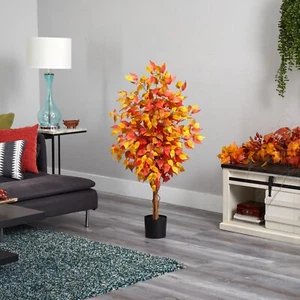 4’ Fall Ficus Autumn Artificial Tree w/Natural Wood Trunk Home Decor. - Picture 1 of 2