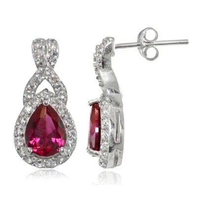 Sterling Silver Created Ruby and White Topaz X and Teardrop Earrings - Image 1 of 4