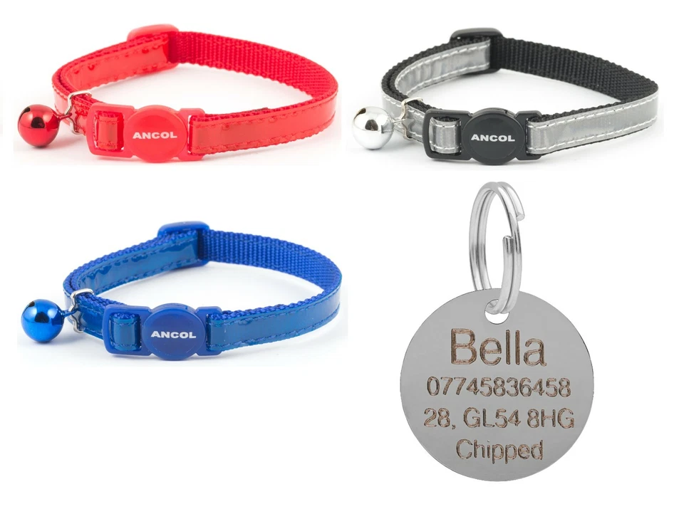 Katzenhalsband Ancol reflektierend glänzend, rot, blau oder silber mit 25 mm Nickel ID-Tag