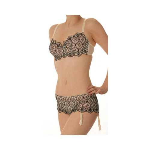 Wolford Apricot/Black Sheer Embroidered Floral Deep Suspender Shorts - Image 1 of 4