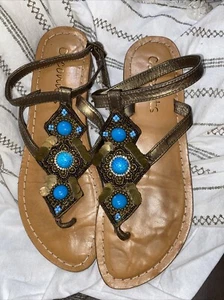 Coconuts By Matisse Bronze Leather Sandals Turquoise & Beaded Embellishments 9 - Picture 1 of 4