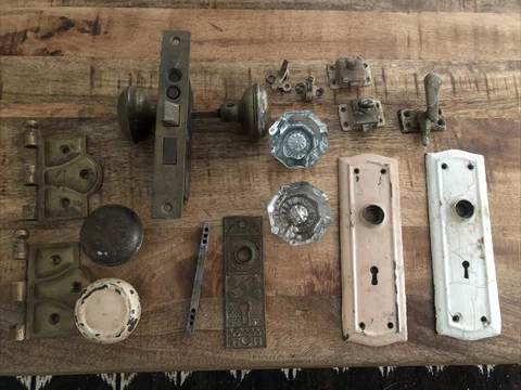 Antique Russwin Entry Door Lock Lock Cylinder,  Glass Door Knobs, Lot of Extras Cover