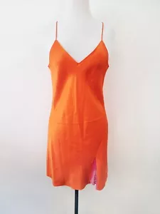 NEW DANNIJO 100% ORANGE SILK Short Chemise NIGHTGOWN Pink Lace Trim Vneck Sexy - Picture 1 of 7