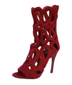 Alaia Booties Schuhe Stiefeletten Wildleder rot Sandalen Absatz Laser Cut gewellt 6 - Bild 1 von 10
