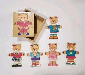 6 Wooden DRESS-UP GIRL BEARS PUZZLES in a STORAGE BOX, 18 pcs CHANGEABLE OUTFITS - Picture 1 of 12