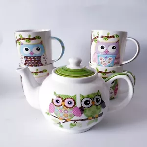 Tee Set Eulenmotiv - Kanne mit 4 Tasse Eule - Bild 1 von 5