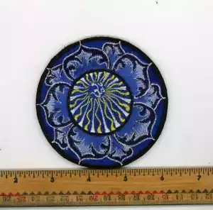 Embroidered White Om Sun rays Fancy Blue Lotus Patch Fair Trade Nepal 3" Round - Picture 1 of 5