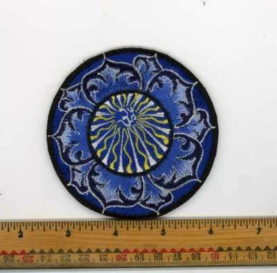 Embroidered White Om Sun rays Fancy Blue Lotus Patch Fair Trade Nepal 3" Round - Image 1 of 4