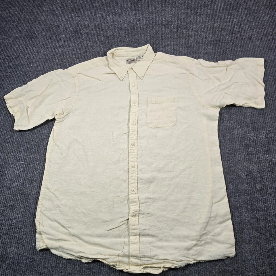 LL Bean Shirt Mens XL Tall Yellow Linen Short Sleeve Button Front Pocket 0KQ82 - Image 1 of 4