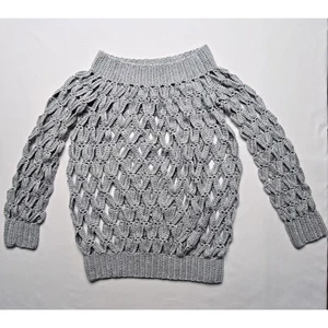 Schulterfreier Strickpullover Oversize Damen M Häkel Silber Regenbogen Glitzer - Bild 1 von 8