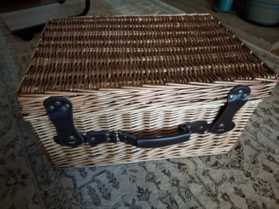 Wicker Storage Basket with Handle and Leather Straps See Description And Pics - Image 1 of 4