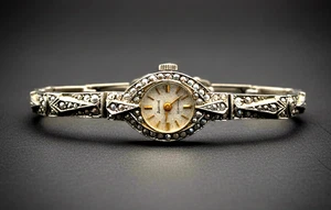 Vintage Accurist 925 Sterling Silver Watch Ladies 7 Jewels Marcasite 1960' zz - Picture 1 of 13