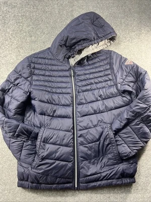 Guess Reversible Puffer Jacket Men L Blue Gray Winter Coat Parka Hood Zip Up - Image 1 of 4