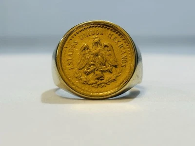 Size 6.5 Mexico 1945 2 Peso Gold Coin Solid 14k Yellow Gold Pinky Ring 9 Grams - Image 1 of 4