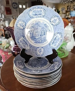 12 antike blaue Transfergeschirr 9,3/4" Speiseteller "orientalisch" - Bild 1 von 8