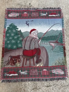 Rustikale Land Weihnachten Wandteppich Santa Angeln Überwurf Decke Lodge See Hütte - Bild 1 von 10