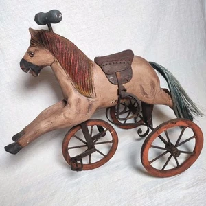 Horse Tricycle Velocipede Antique Wooden Toy Model Hand Carved Wrought Iron - Picture 1 of 15