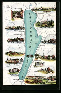 Starnberg, Starnberger See auf Landkarte, Ansichtskarte - Picture 1 of 2