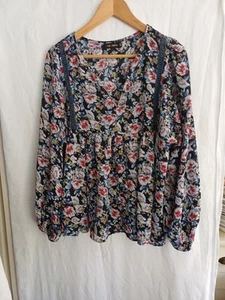 Women's Navy Blue Floral Thin Loose Fit Longsleeved Blouse Tunic V-neck Size 14 - Picture 1 of 6