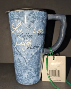 Lady Jayne LTD Tall Live Laugh Love Ceramic Travel Coffee Mug With Lid NEW TAG - Picture 1 of 9