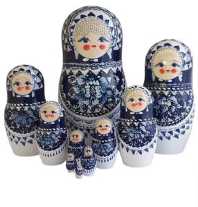 Russische Puppen 10 Teile Blau Weiß Matrjoschka Unlackiert Am Hand Von Rousanova - Bild 1 von 3