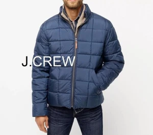 J.CREW puffer jacket insulated navy blue quilted fleece-lined leather-pull S NWT - Picture 1 of 11
