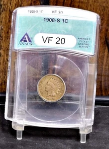 1908-S Indian Cent - ANACS VF20 (#58551-L) - Picture 1 of 12