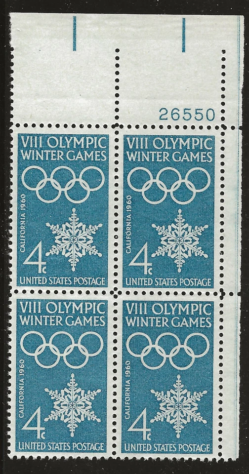 US Scott #1146, Plate Block #26550 1960 Olympics 4c FVF MNH Upper Right - Image 1 of 1