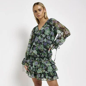 River Island Womens Mini Dress Petite Black Chiffon Floral Belted Long Sleeve - Picture 1 of 9
