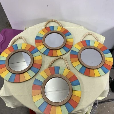 Four Wall Hangings-Center Round mirror 6" With Multicolored Hand Painted Wood - Image 1 of 4