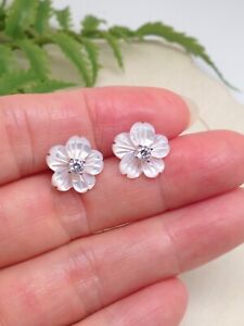 White Mother of Pearl Flower Stud Earrings 925 Sterling Silver Cz Post 11mm0.43"