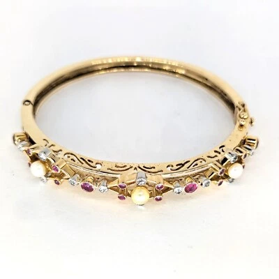 Vintage 13.3K Gold Bangle Bracelet with Diamonds, Rubies & Pearls, 8 " Opening - Image 1 of 4