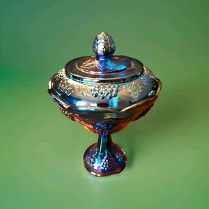 Beautiful Carnival Harvest Grape Iridescent Glass Compote - Picture 1 of 10