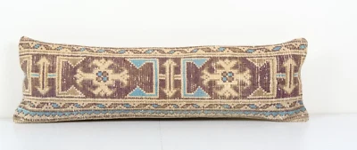Muted Blue Carpet Rug Bedding Pillow, Faded Ethnic Turkish Long Yastik Pillow - Image 1 of 4