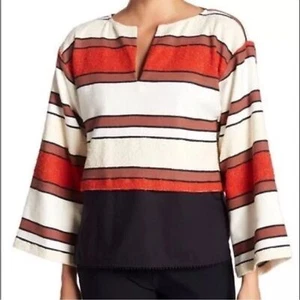 Derek Lam 10 Crosby Rust Striped Bell Sleeve V-Neck Top with Black Tank Size 8 - Picture 1 of 11