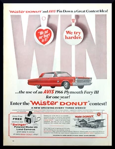1966 Plymouth Fury III large magazine car ad -Avis Mister Donut contest - Foto 1 di 1