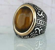 Turkish Ottoman Tiger Eye Gemstone Solid 925 Sterling Silver Mens Ring   