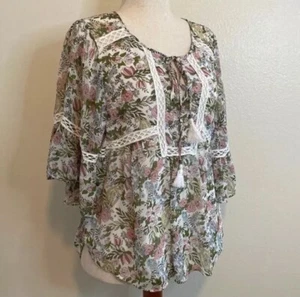 Floral Boho Peasant Blouse with lace trim. Flared Sleeves. Ladies Large. - Picture 1 of 9