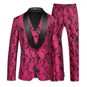 Shawl Collar British American Men's 3pcs Suits Jacket Vest Pants Floral Slim Fit - Picture 1 of 17
