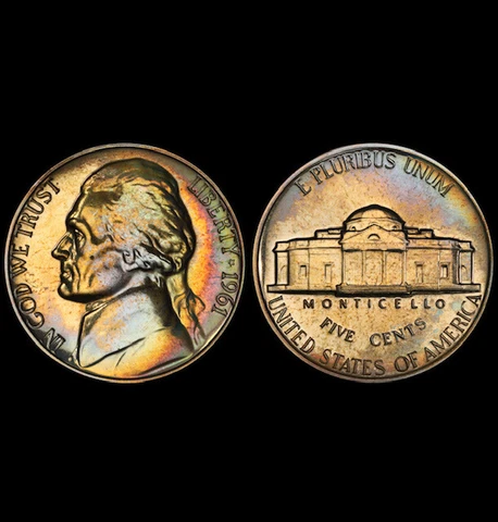 PR66 1961 5C Jefferson Proof Nickel, PCGS Secure- Pretty Rainbow Toned Cover