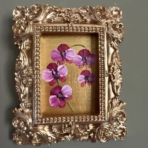 ORIGINAL Orchidee, Blumen, Original Miniatur Gemälde, klein, mini, gerahmt - Bild 1 von 6