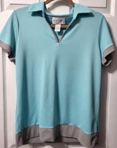 Top donna Sport Savvy piccolo scollo a V manica corta blu grigio misto poliestere - Foto 1 di 8