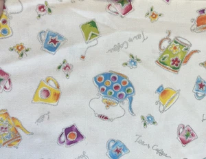 1/2 yard cut cotton canvas fabric - Richloom Teapots Tea Coffee Cup - Metallic - Picture 1 of 5