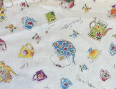 1/2 yard cut cotton canvas fabric - Richloom Teapots Tea Coffee Cup - Metallic - Image 1 of 4