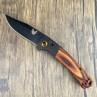 Benchmade 15085-CSTM Mini Crooked River Black Blade Wood Handle Folding Knife - Image 1 of 4